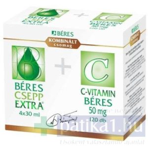 Béres Csepp Extra belsőleges oldatos cseppek 4x30 ml + C-vitamin 50 mg 120 db Kombinált csomag