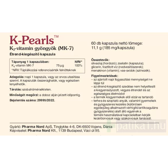 K-Pearls K2-vitamin étrendkiegészítő gyöngykapszula Pharma Nord 60x
