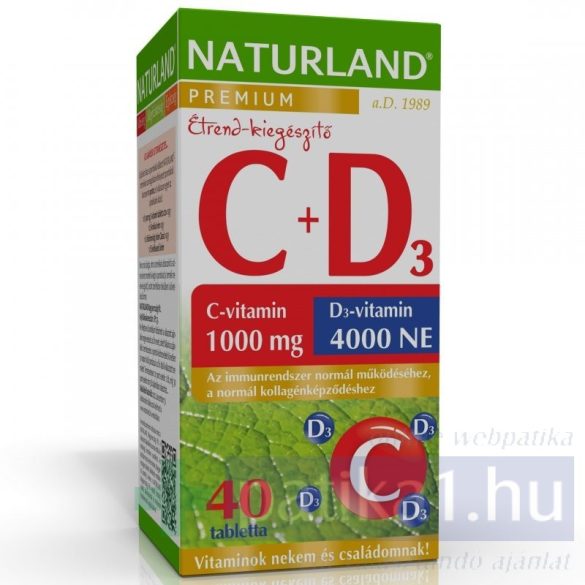 Naturland Prémium C-vitamin 1000 mg + D3 4000 NE vitamin tabletta 40 db 