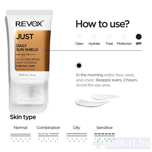 Revox B77 Just Daily Sunshield for oily skin Fényvédő zsíros bőrre UVA+UVB SPF 50+ krém 30 ml 
