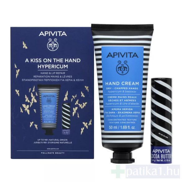 Apivita Kézkrém + Ajakápoló csomag (50 ml kézkrém száraz bőrre orbncfűvel, 2,2 g ajakápoló kakaóvajjal) 