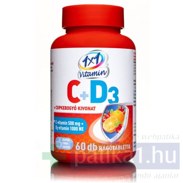 Vitaplus 1x1 Vitaday C-vitamin 500 mg + D3 + csipkebogyó kivonat rágótabletta 60 db