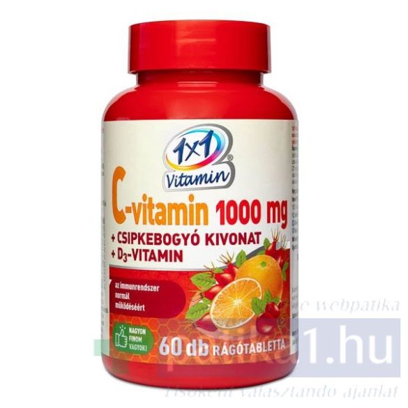 Vitaplus 1x1 Vitaday C-vitamin 1000 mg + D3 + csipkebogyó kivonat rágótabletta 60 db