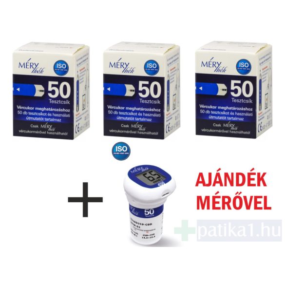 Mérykék tesztcsík vércukormérőhöz 3x 50x + ajándék Mérykék 450 vércukormérő