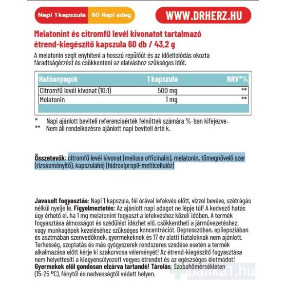 Dr. Herz Melatonin 1 mg + Citromfű 500 mg kapszula 60x